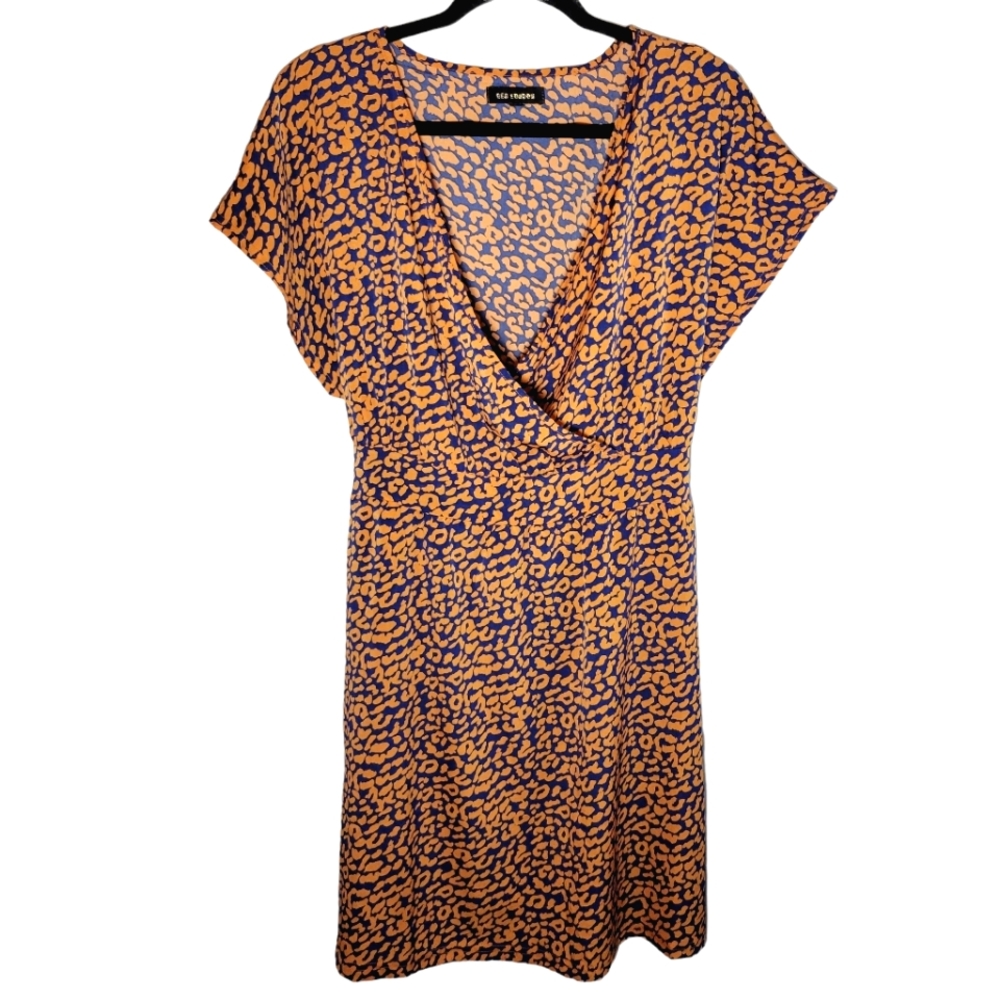 Qed London orange and navy blue floral print faux wrap dress Size XL